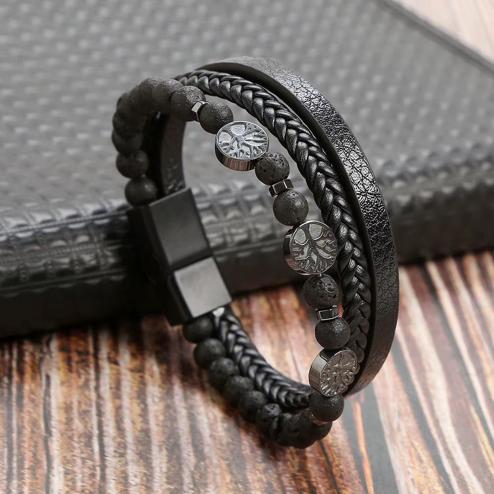 Hot Fashion Beads Leather Bracelet Men Classic Tiger Eye Beaded Multi Layer Leather Bracelet for Men Jewelry 2023 Gift