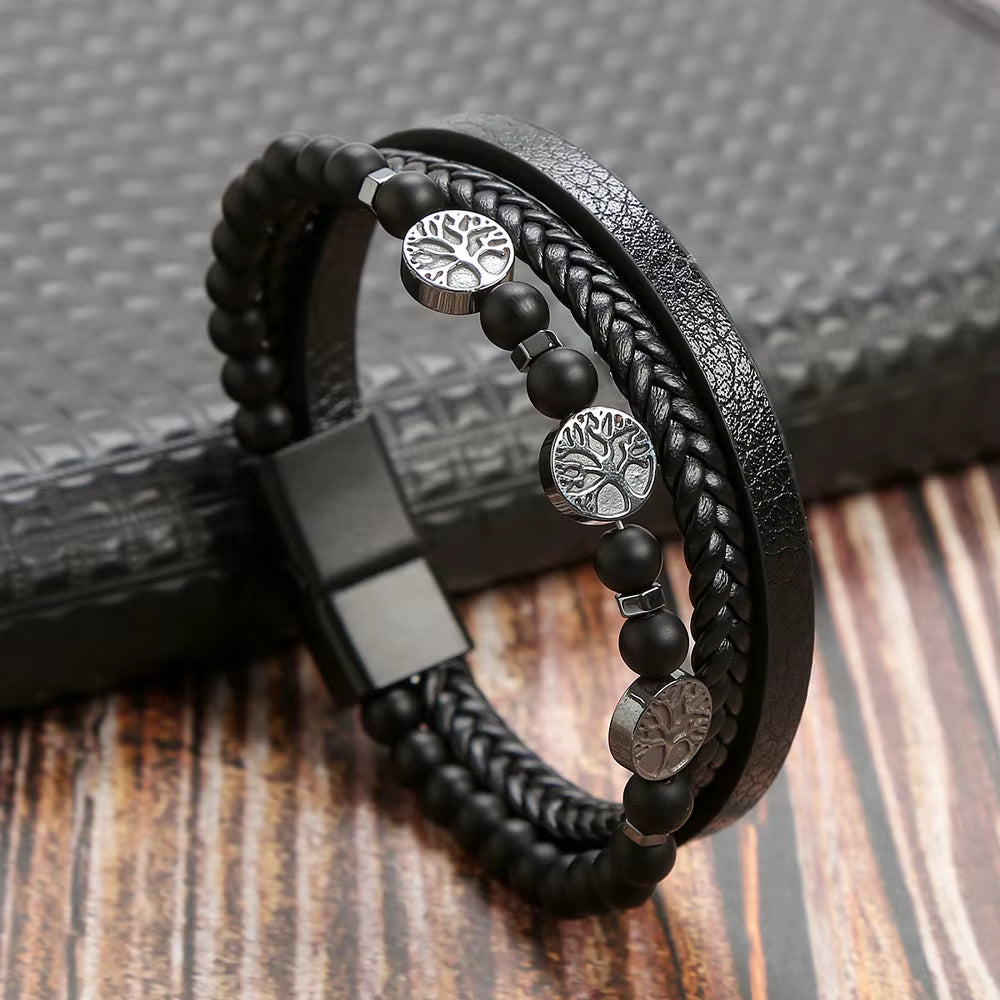 Hot Fashion Beads Leather Bracelet Men Classic Tiger Eye Beaded Multi Layer Leather Bracelet for Men Jewelry 2023 Gift