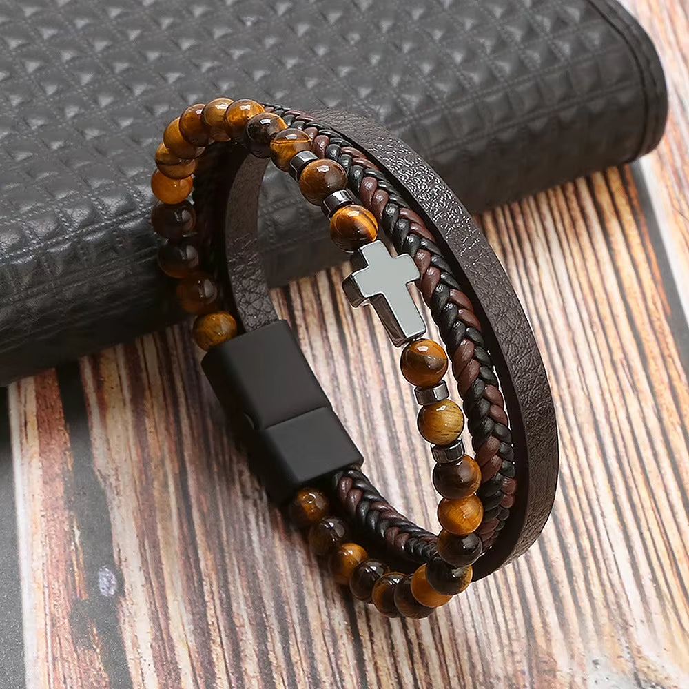 Hot Fashion Beads Leather Bracelet Men Classic Tiger Eye Beaded Multi Layer Leather Bracelet for Men Jewelry 2023 Gift