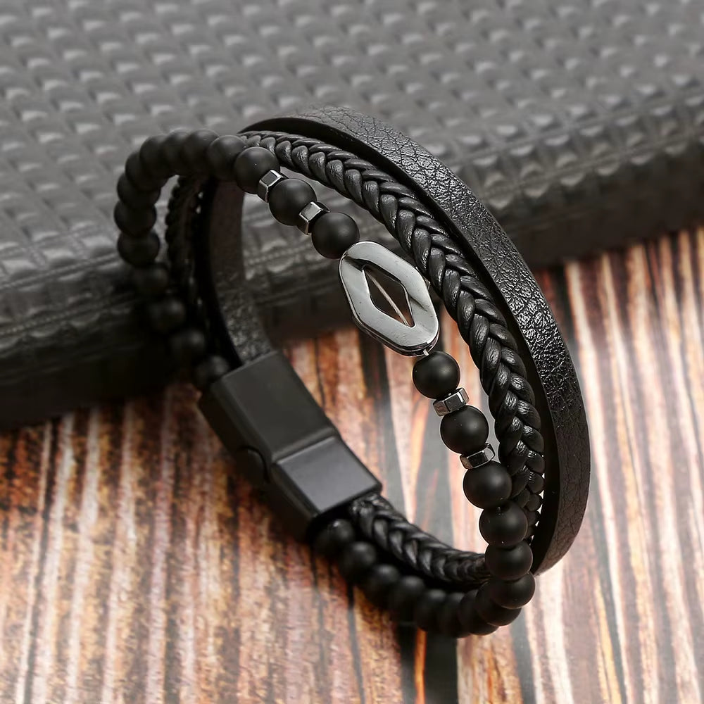 Hot Fashion Beads Leather Bracelet Men Classic Tiger Eye Beaded Multi Layer Leather Bracelet for Men Jewelry 2023 Gift