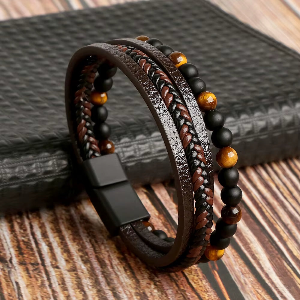 Hot Fashion Beads Leather Bracelet Men Classic Tiger Eye Beaded Multi Layer Leather Bracelet for Men Jewelry 2023 Gift