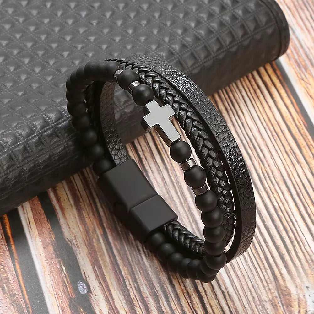Hot Fashion Beads Leather Bracelet Men Classic Tiger Eye Beaded Multi Layer Leather Bracelet for Men Jewelry 2023 Gift