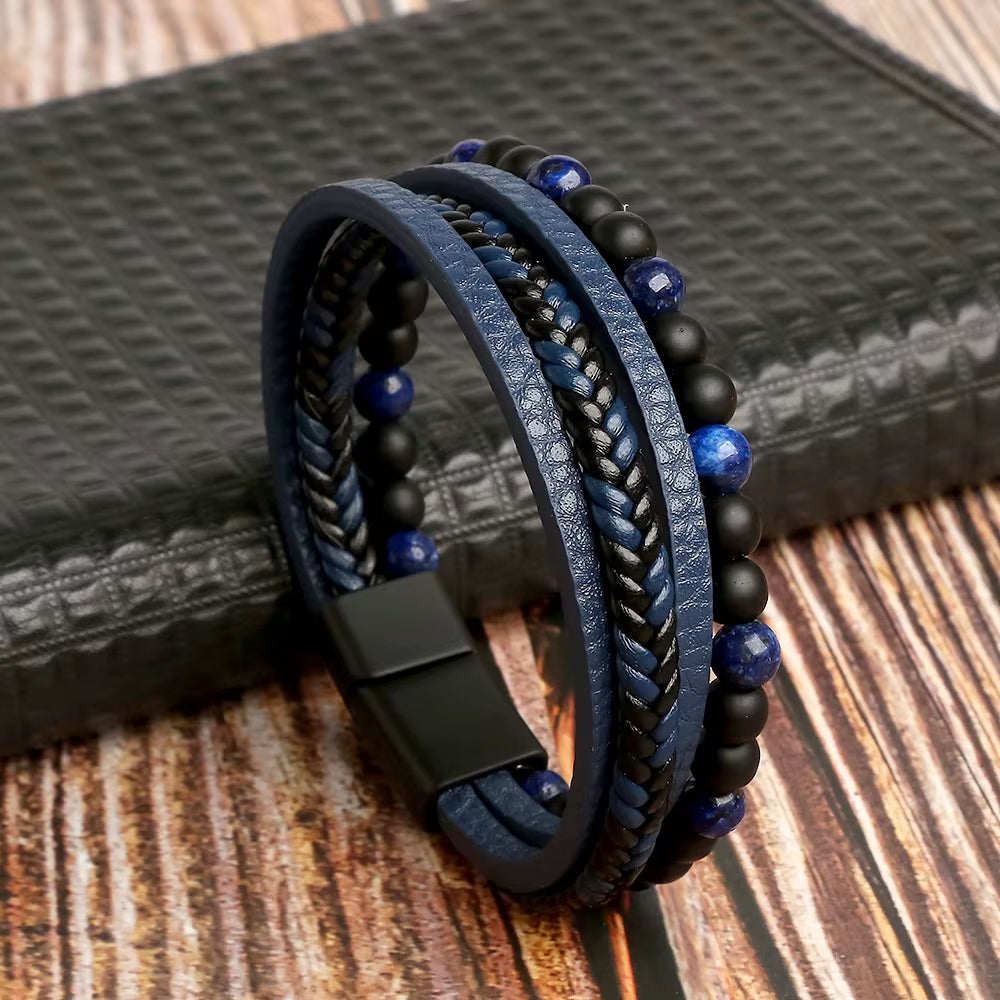 Hot Fashion Beads Leather Bracelet Men Classic Tiger Eye Beaded Multi Layer Leather Bracelet for Men Jewelry 2023 Gift