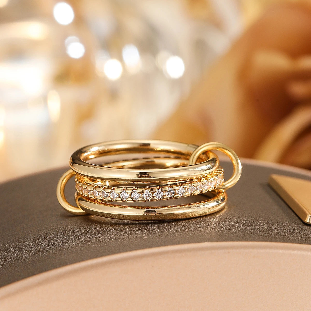 A Niche Two-Color Four-Ring Copper Jewelry Ring, Hypoallergenic, Ins Style, Stacking Artifact, Suitable for Young Women