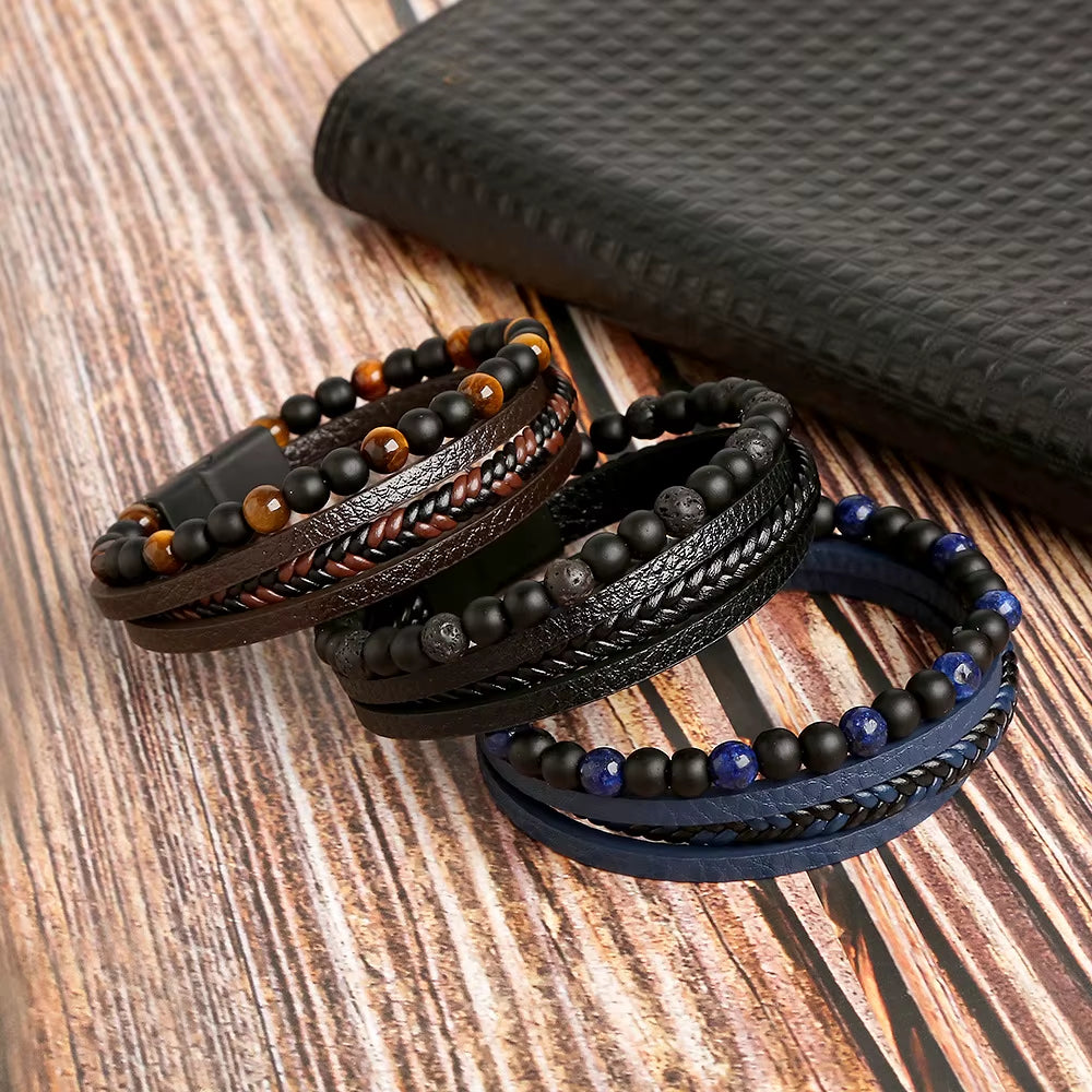 Hot Fashion Beads Leather Bracelet Men Classic Tiger Eye Beaded Multi Layer Leather Bracelet for Men Jewelry 2023 Gift