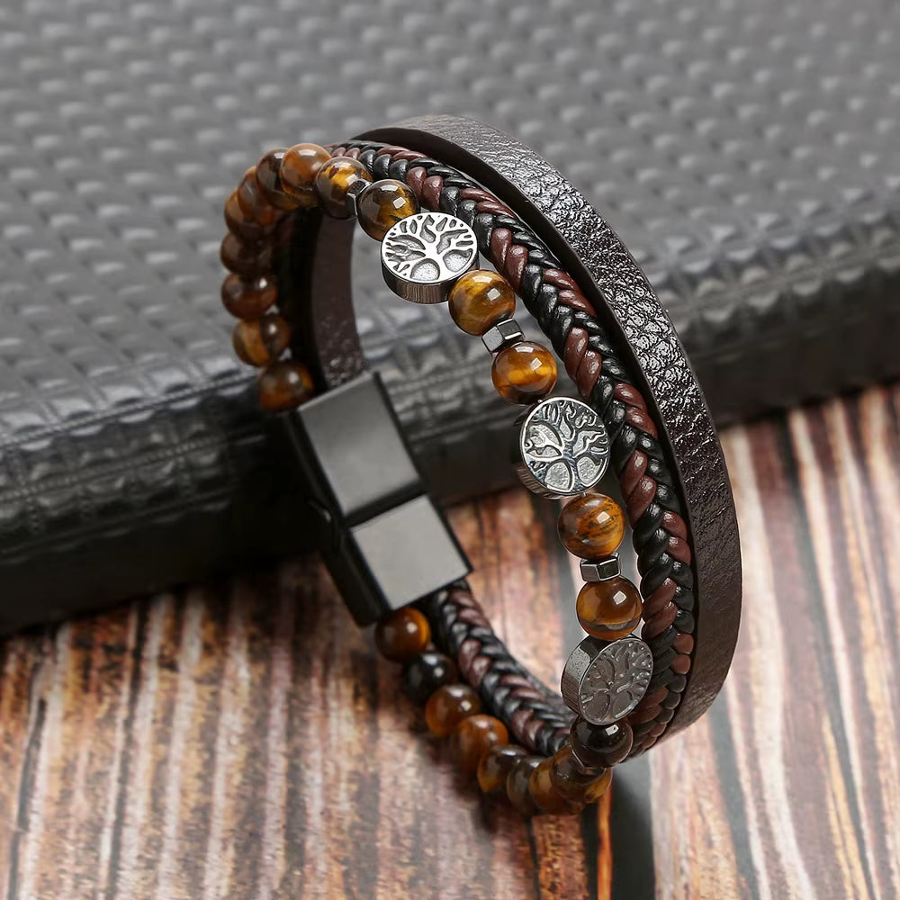 Hot Fashion Beads Leather Bracelet Men Classic Tiger Eye Beaded Multi Layer Leather Bracelet for Men Jewelry 2023 Gift