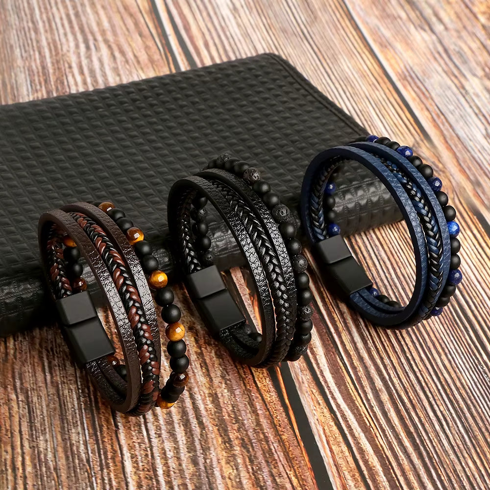 Hot Fashion Beads Leather Bracelet Men Classic Tiger Eye Beaded Multi Layer Leather Bracelet for Men Jewelry 2023 Gift