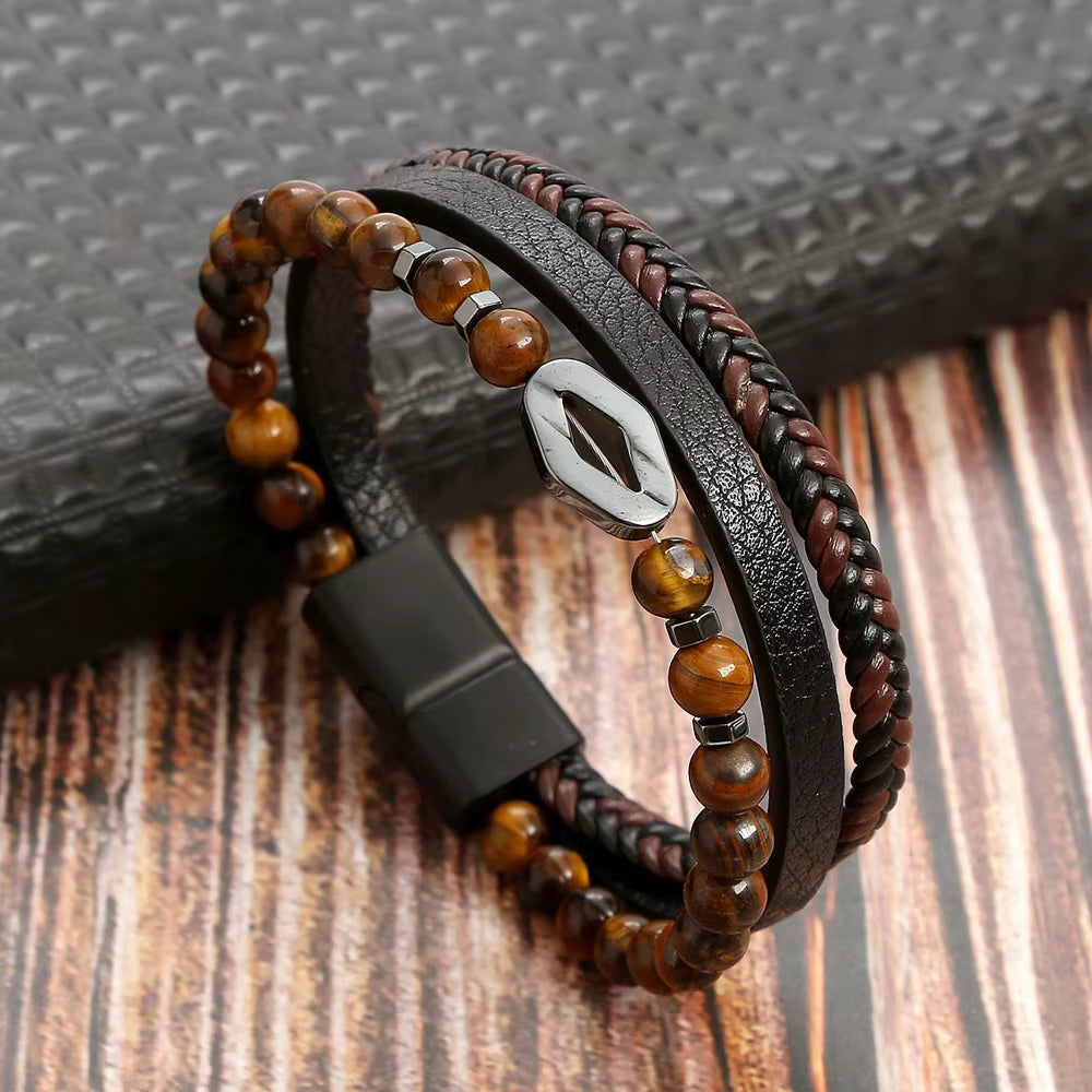 Hot Fashion Beads Leather Bracelet Men Classic Tiger Eye Beaded Multi Layer Leather Bracelet for Men Jewelry 2023 Gift