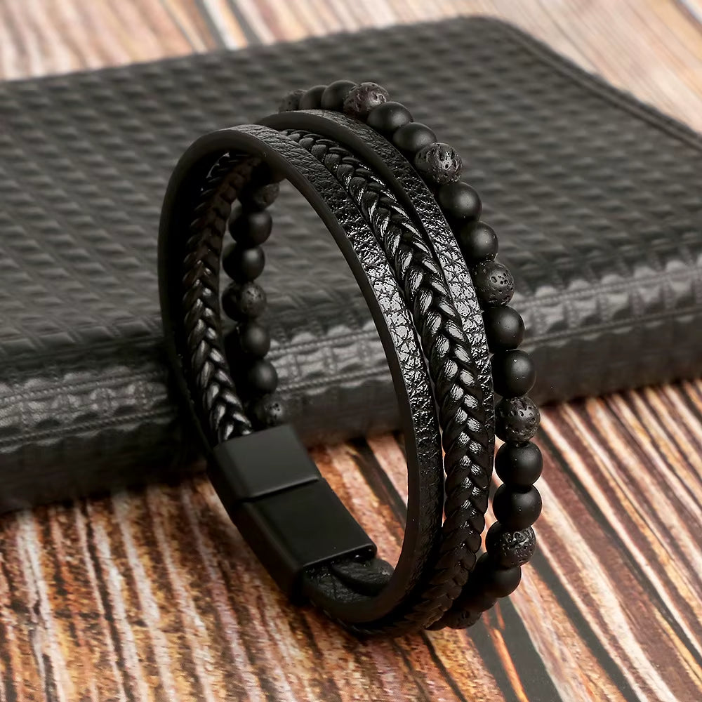 Hot Fashion Beads Leather Bracelet Men Classic Tiger Eye Beaded Multi Layer Leather Bracelet for Men Jewelry 2023 Gift